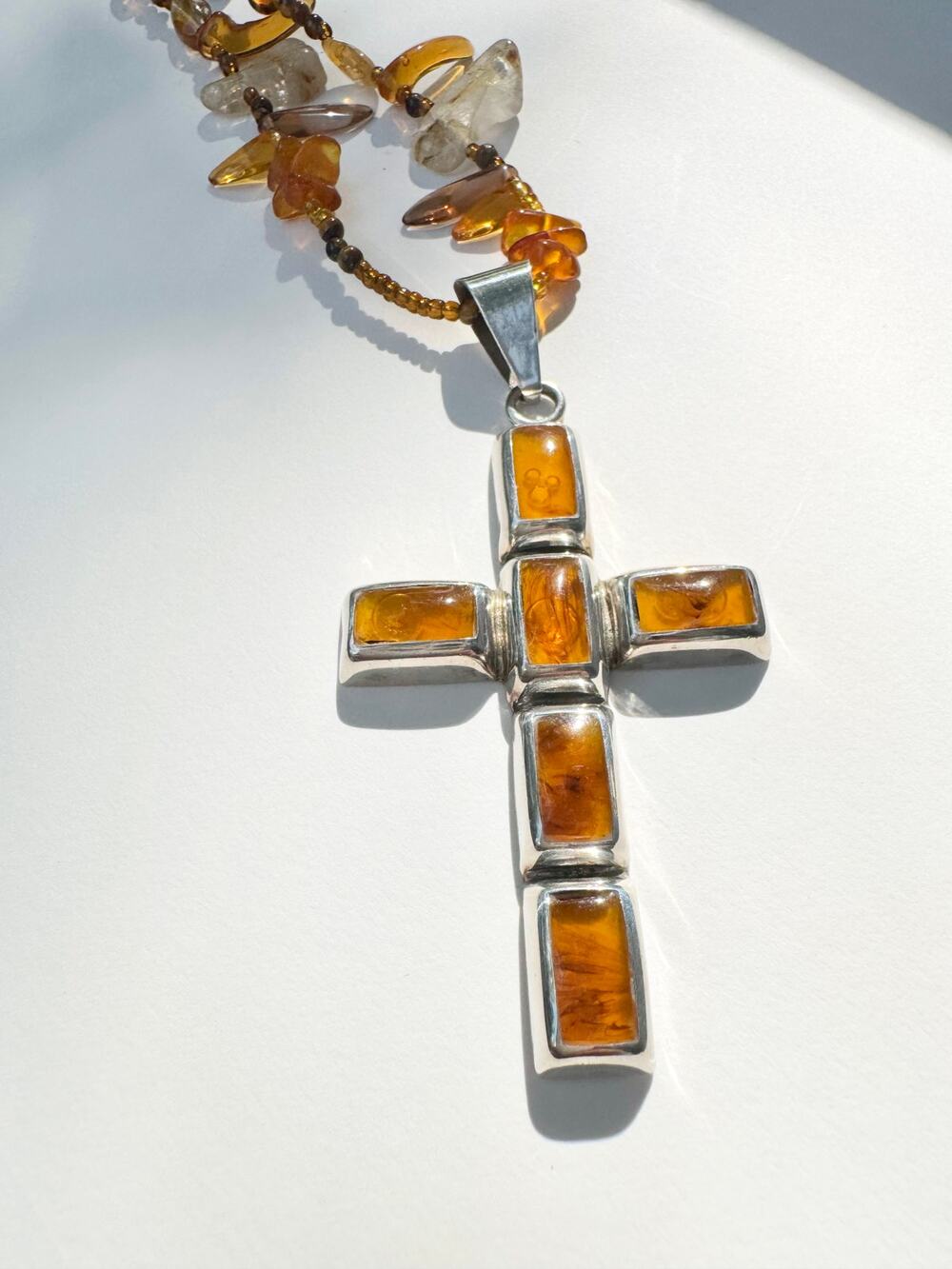 Vintage Mexican Amber Sterling Silver Cross Pendant Real Gemstone Bead Necklace